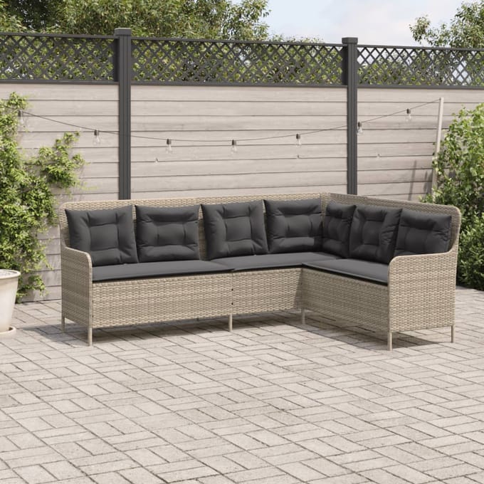vidaXL - Tuinbank - met - kussens - L-vormig - poly - rattan - lichtgrijs