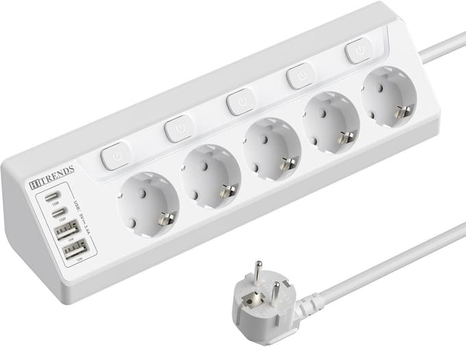 9-in-1 Hoekstopcontact met USB-C en USB-A, 5 Schakelbare WCD's en 2m Kabel