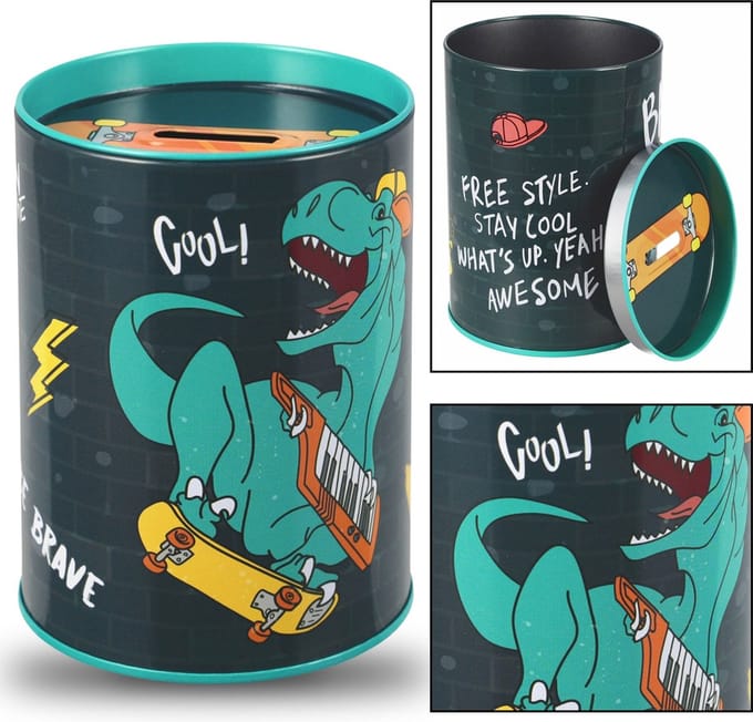 Skate Dinosaur Metalen spaarpot, ronde spaarpot voor kinderen