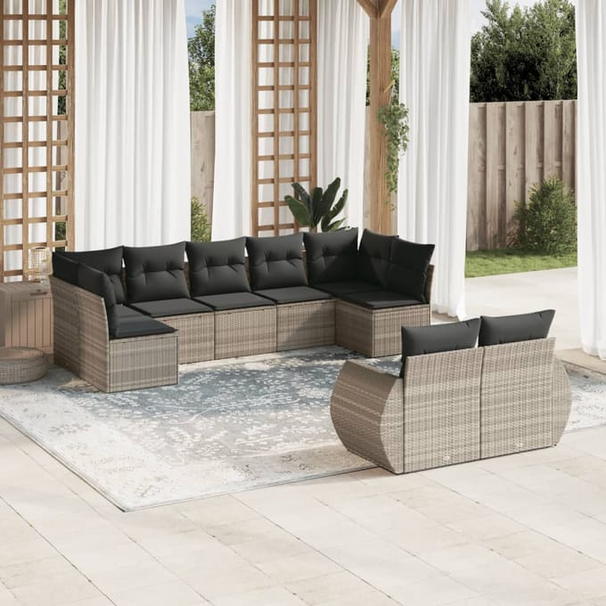 vidaXL - 9-delige - Loungeset - met - kussens - poly - rattan - lichtgrijs