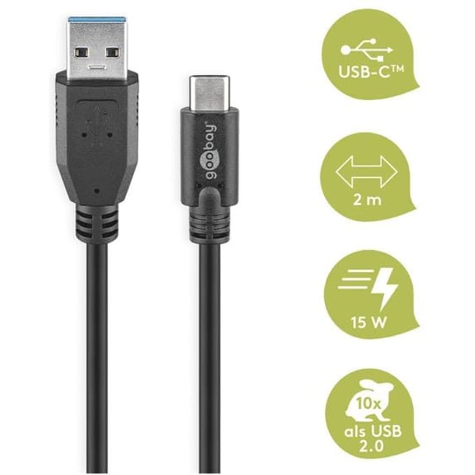 Goobay USB-C naar USB-A kabel - USB3.0 - tot 2A / zwart - 1,8 meter