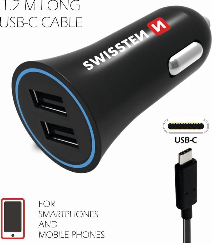 Swissten Autolader met 2 USB Poorten inclusief USB-C Kabel - 10W - Zwart