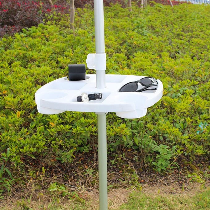 Table de Parasol de Plage Extérieur avec 4 Porte-Gobelets et 4 Compartiments à Snacks Plateau en Plastique pour Jardin blanc