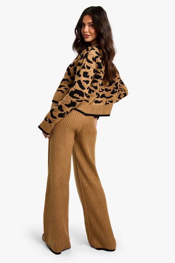 boohoo Dames Gebreide broek met contrasterende afwerking | Camel | Maat: Small/Medium