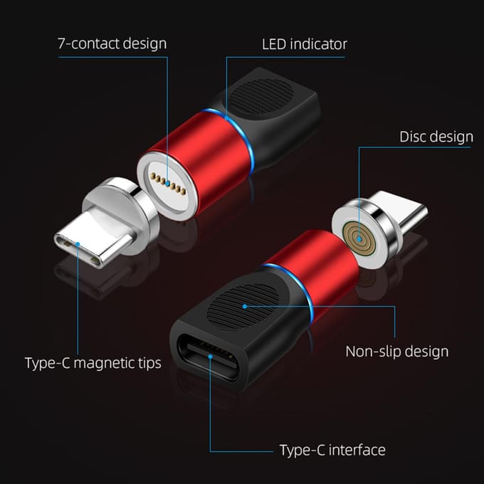 USB Type C magnetische adapter 360 graden draaibare magnetische telefoonkabeladapterconnector rood