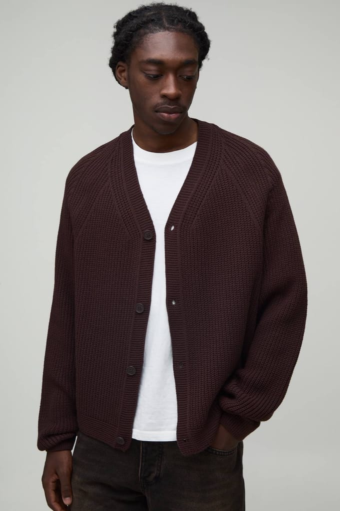 Ontspannen Ruim Geribbeld Raglan Gebreid Vest | Brown | Size XL
