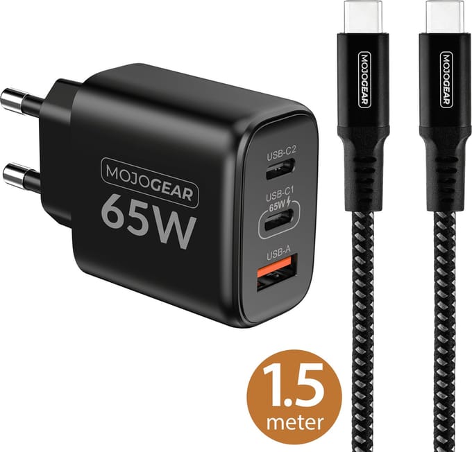 MOJOGEAR CHARGE+ Combo: 65W oplader met USB-C kabel 1,5 meter