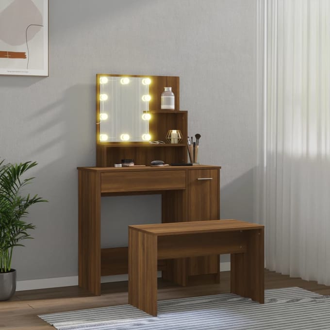 vidaXL - Kaptafelset - met - LED-verlichting - bewerkt - hout - bruin - eikenkleur