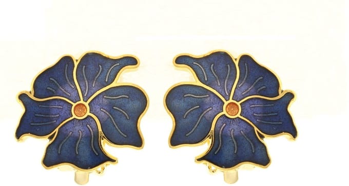 Behave - Oorclips dames - bloemmotief - blauw - goudkleurig - 2 cm