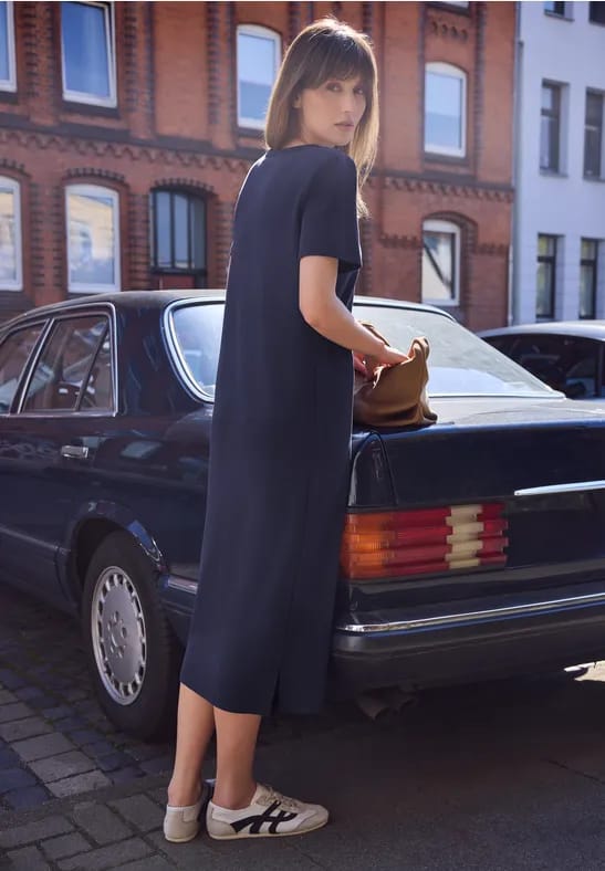 Jersey midi-jurk met pofmouwen