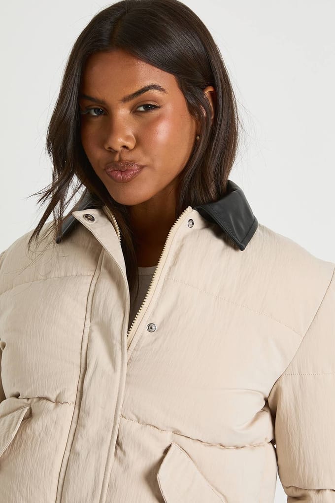 boohoo Dames Opgevulde pufferjas met contrasterende kraag | Steen | Maat: 40