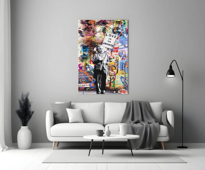 Glasschilderij - Graffiti - Einstein - Love is The Answer - Kleurrijke Schilderij - 110x70 cm