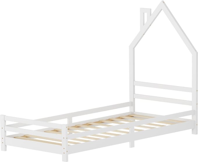 ML-Design classic kinderbedhuis 90x200 cm wit houten huisbed voor kinderen massief grenen jeugdbed met lattenbodem en schoorsteendesign eenpersoons speelbed met valbeveiliging vloerbed zonder matra met glijbaan voor jongens en meisjes