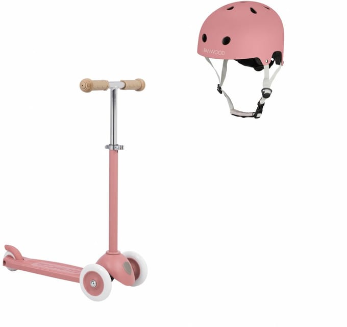 Banwood Eco Scooter + Basket + Eco Fietshelm - Raspberry - kinderstep - kinder helm - voordeelset