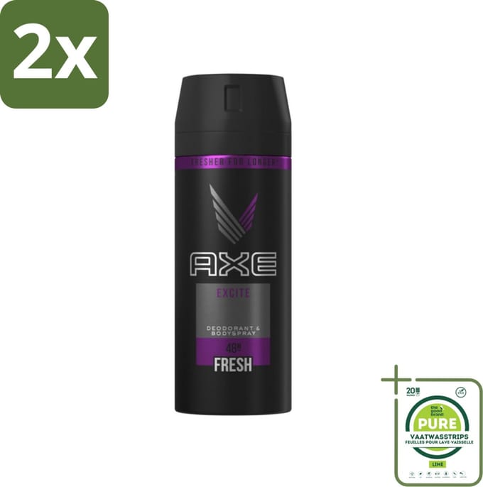 Axe Deodorant Bodyspray Excite 150 ml - Voordeelverpakking - 2 stuks - Axe excite - Deodorant spray