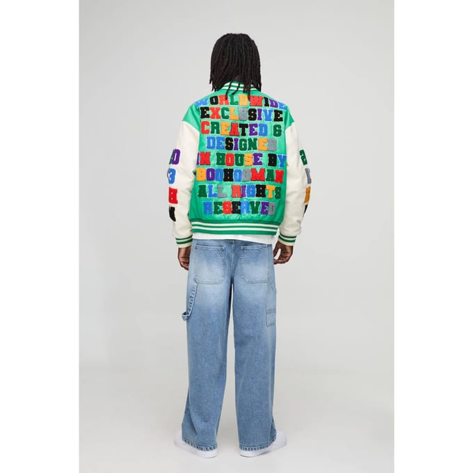 Boxy Fit Letter Badge Official Applique PU Varsity Bomberjack | Green | Size Medium