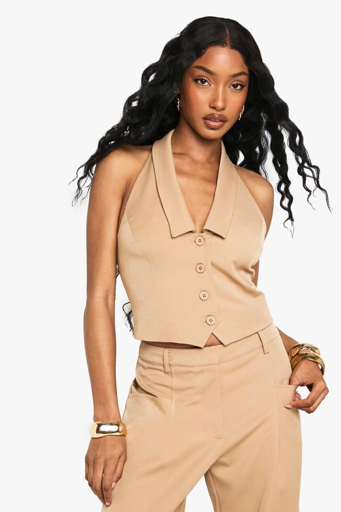 boohoo Dames Gekraagd halterneck getailleerd vest | Camel | Maat: 44