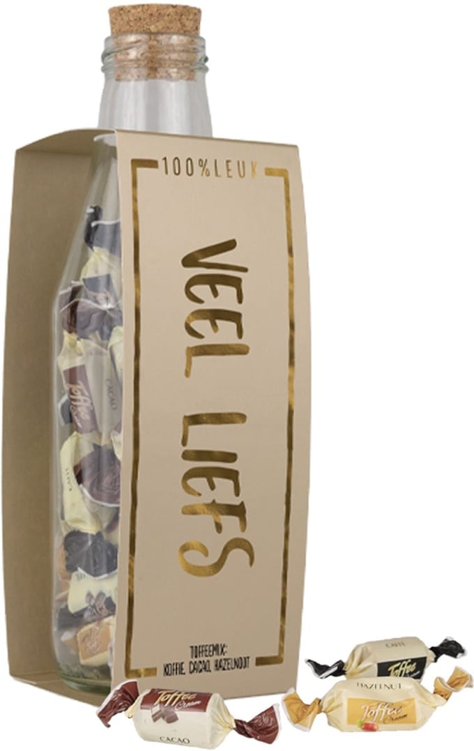 100%LEUK - Momenten fles met toffees - Veel liefs