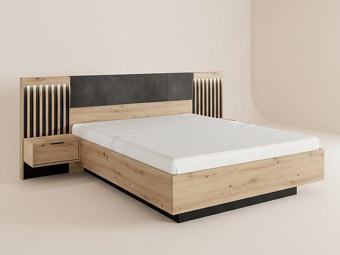 Vente-unique Bedframe hout zwart, natuurlijk licht 160 x 200 cm