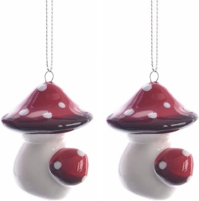 2x Kerstboom decoratie paddenstoel 4 cm - Paddenstoel hangers - Kerstversiering