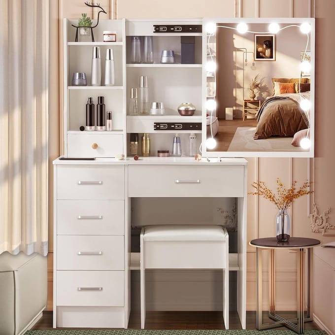 Kaptafel met Verstelbare LED Verlichting, Make-up Tafel met Grote Spiegel en Opbergruimte