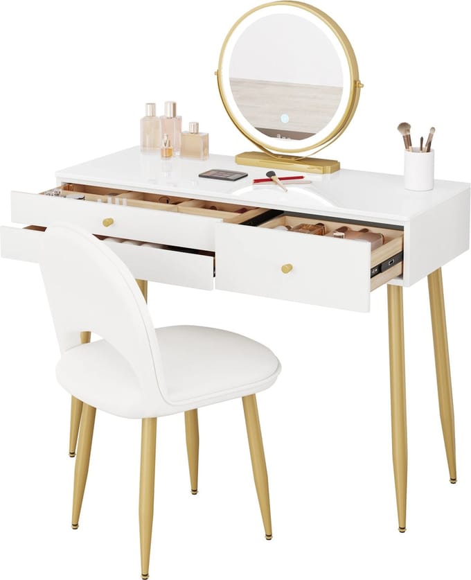 Kaptafelset met verlichting - Make-up tafel - Verstelbare Led Spiegel - Kaptafel met stoel en Spiegel - Wit