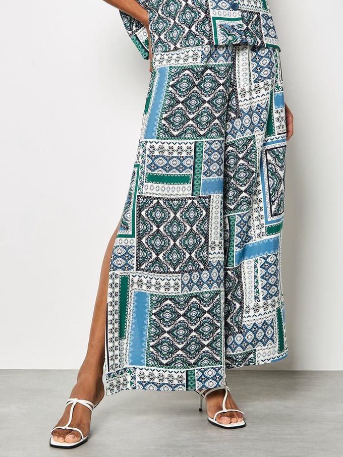 Folk patchwork broek met wijde pijpen