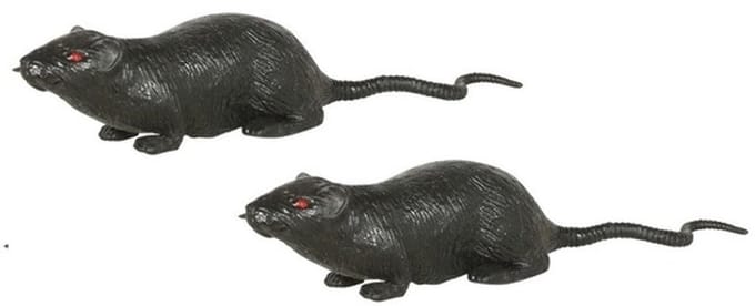 Grote plastic rat - 2x - donkergrijs - 20 cm - met rode ogen - enge namaak dieren - Halloween/horror decoratie/versiering