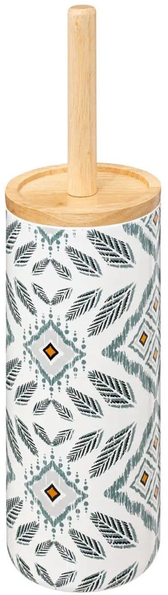 5Five WC/Toiletborstel met luxe houder Cairo - wit met print - dolomiet kunststeen/bamboe - 38 cm
