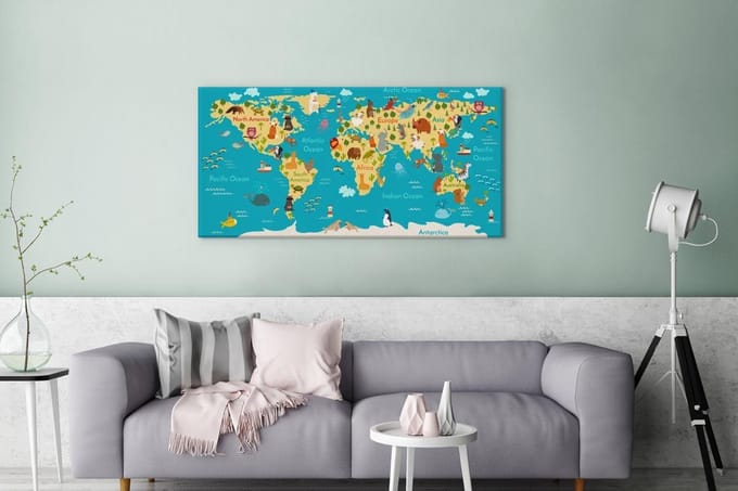 Wereldkaart voor kinderen canvas | Wereldkaart Canvas Schilderij 100x50 cm