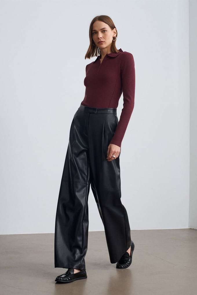 Hoge taille brede faux leren broek