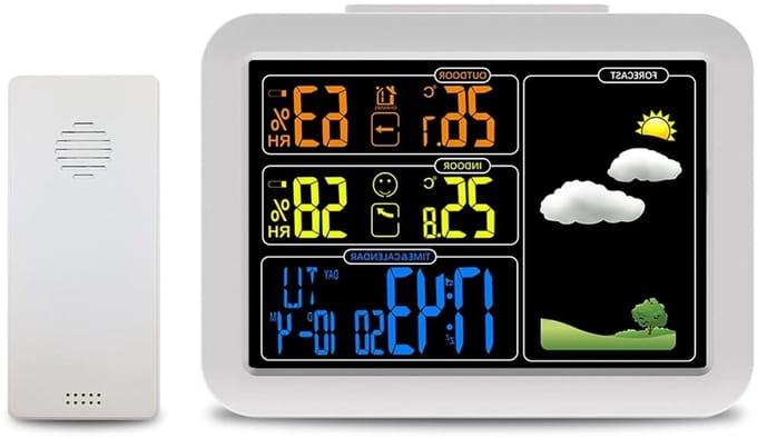 Weerstation Binnen Buiten - Weer Melder - Weersvoorspelling Thuis - Gekleurd LCD Display - 1 Buiten Sensor - Wit