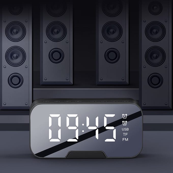 Digitale wekker met bluetooth speaker, radio, spiegel en TF ingang. zwart