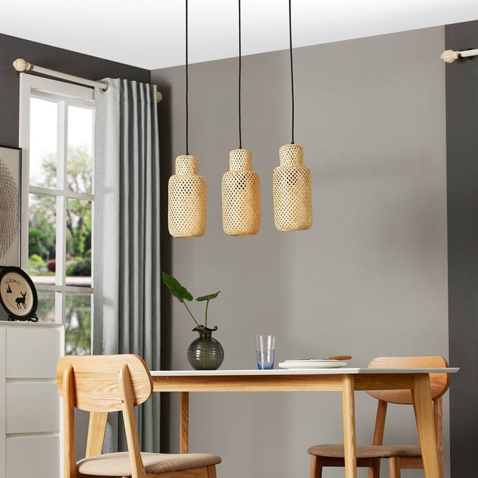 Lindby - hanglamp - 3lichts - Bamboe, plastic - H: 34.5 cm - E27 - licht hout, zwart