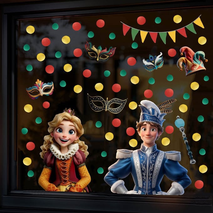 Raamstickers Carnaval – Prins en Prinses Carnaval – MEDIUM variant – Raamdecoratie Carnaval