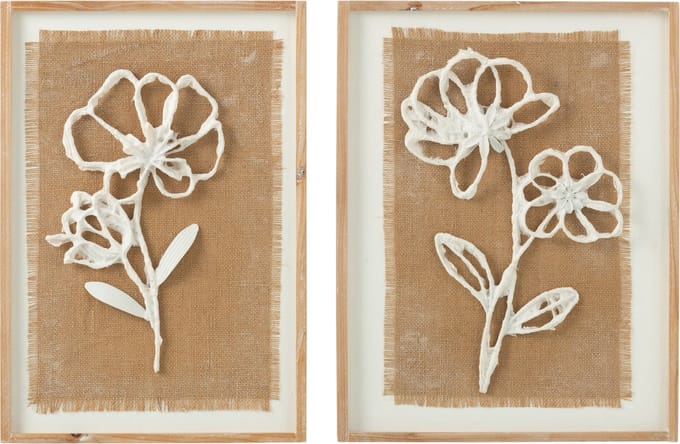 J-Line wanddecoratie Bloemen Poli - hout - naturel/wit - 2 stuks