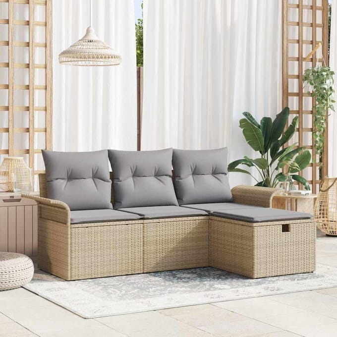 vidaXL - Tuinbank - Set - 4 - st - Beige - en - Lichtgrijs - poly - rattan