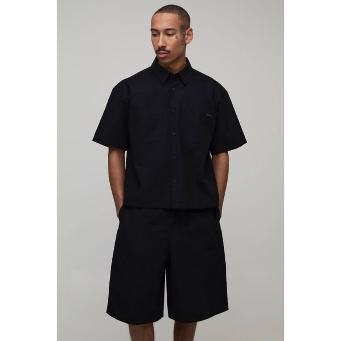 Ripstop Oversized Boxy Cargo Shirt & Parachute Short Set | Black | Size Medium