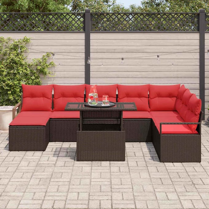 vidaXL - Tuinbank - Set - 9 - st - Bruin - en - Rood - poly - rattan