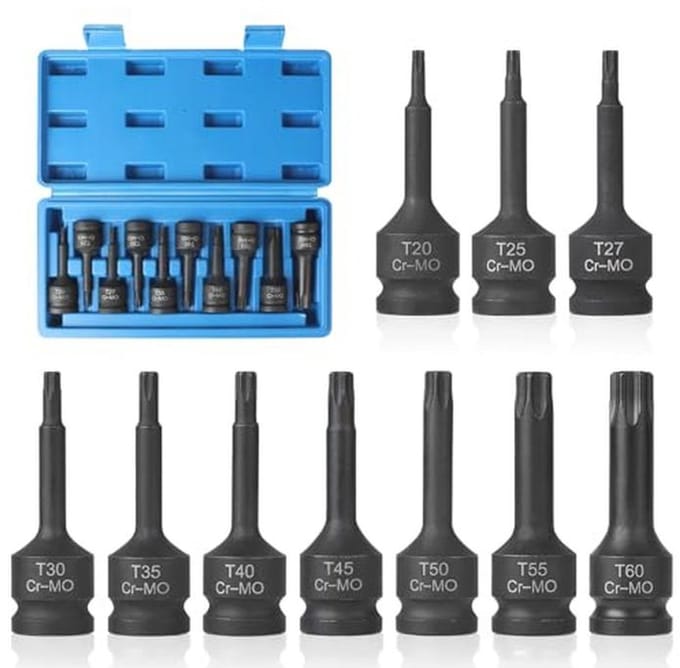 Pack van 10 Torx Steeksleutelset 1/2 inch - T20 tot T60 met Opbergdoos - Cr-Mo
