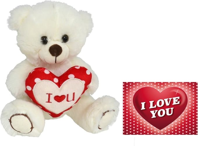 Pluche knuffelbeer met I Love hartje - wit/rood - 30 cm - inc. wenskaart