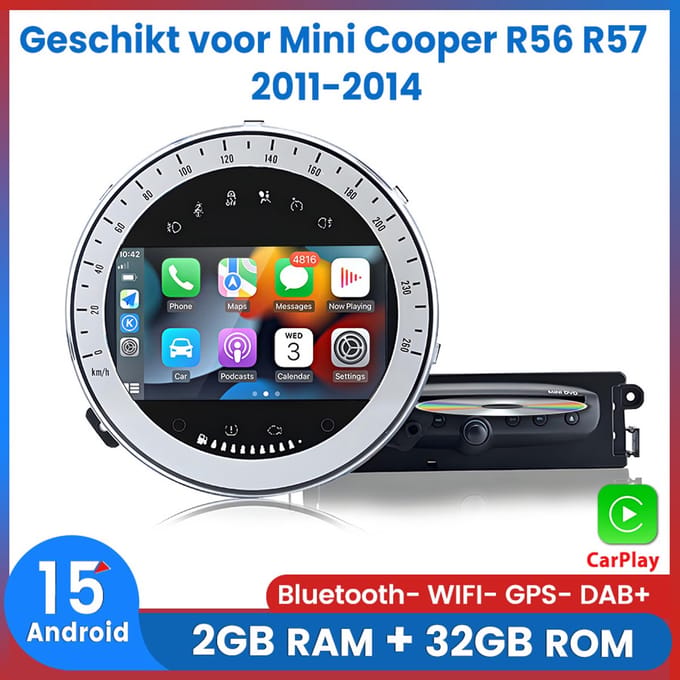 Awesafe Autoradio - Geschikt Voor Mini Cooper R56 R57 2011 t/m 2014 - RAM 2GB + ROM 32GB - Carplay & Android auto - GPS Navigatie - Android15 System - 7 Inch IPS HD Touchscreen - Bluetooth & Wifi - CD DVD Player - 2011 2012 2013