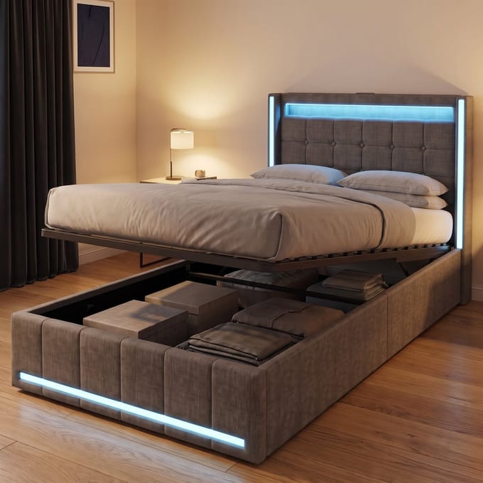 Gestoffeerd Opbergbed 90x200 cm - Hydraulisch Eenpersoonsbed met LED en USB - Linnen - Modern - Grijs