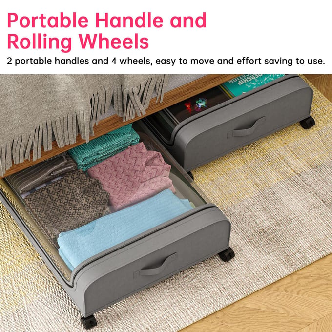 Lot de 2 conteneurs de rangement sous le lit avec couvercles et roulettes, rangement multifonctionnel pour vêtements de dortoir à domicile 2 pack noir