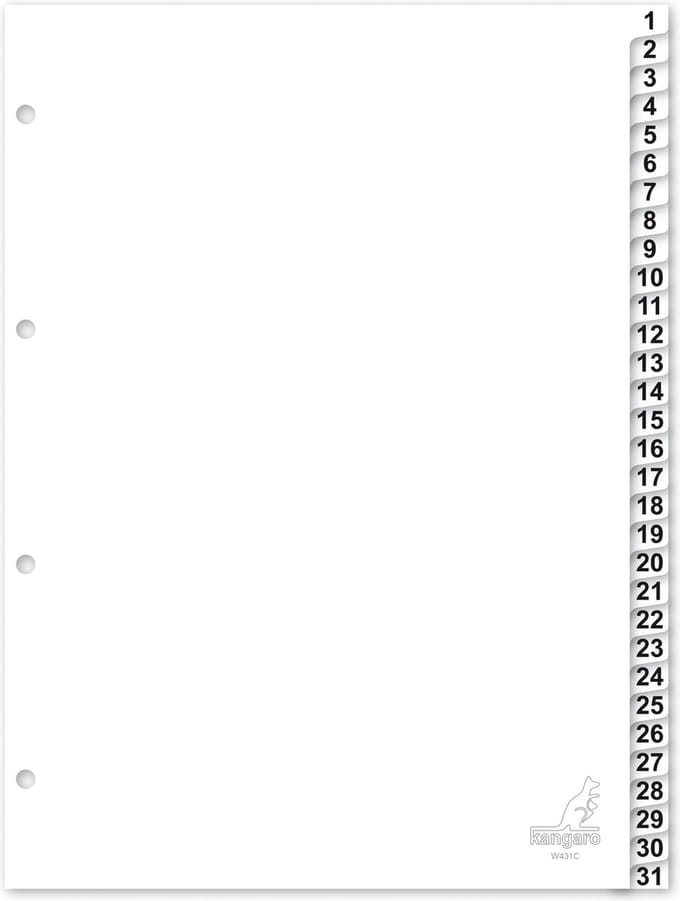 Kangaro tabbladen - A4 - PP 120 micron - wit - 4-gaats - 31-delig cijfers - W431C