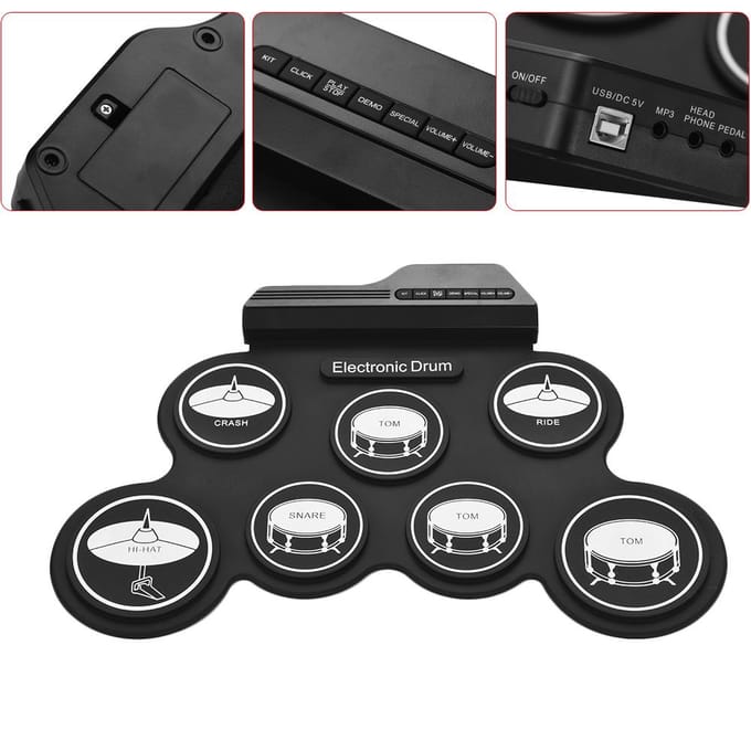 Compact formaat USB Roll-Up Silicon Drum Set Digitaal elektronisch drumstel 7 drumpads met drumstokken Voetpedalen voor beginners black