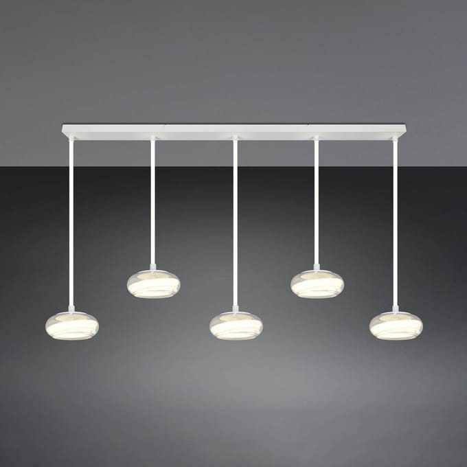 Trio Lighting LED hanglamp Tarsia, mat wit, lengte 161 cm, glas, 5-lamps.