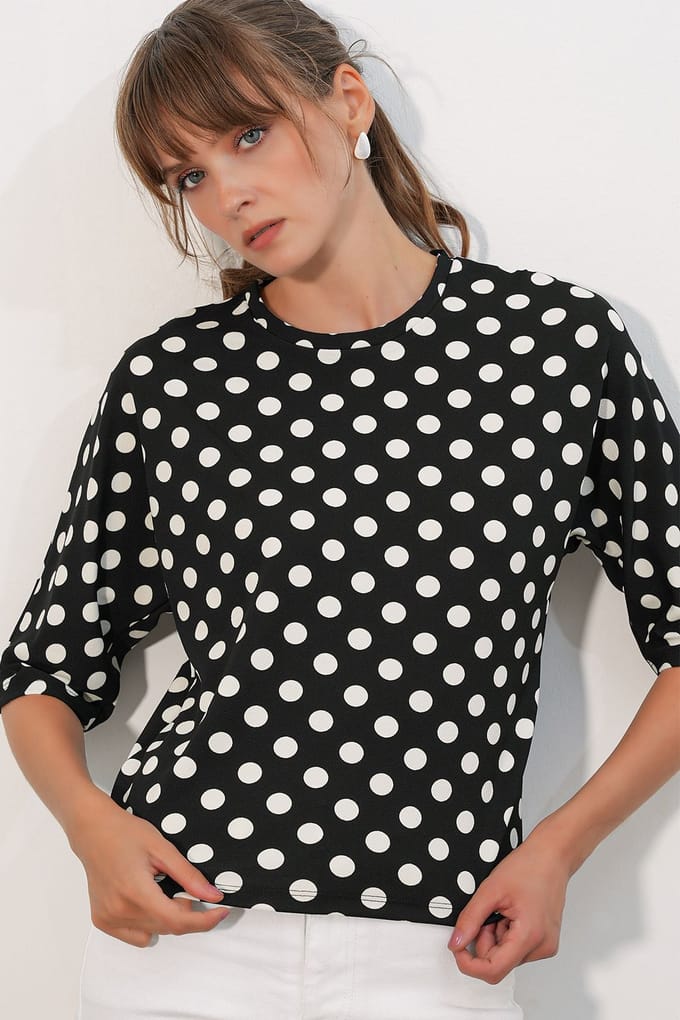 Overmaatse Blouse met Pois en Ronde Hals