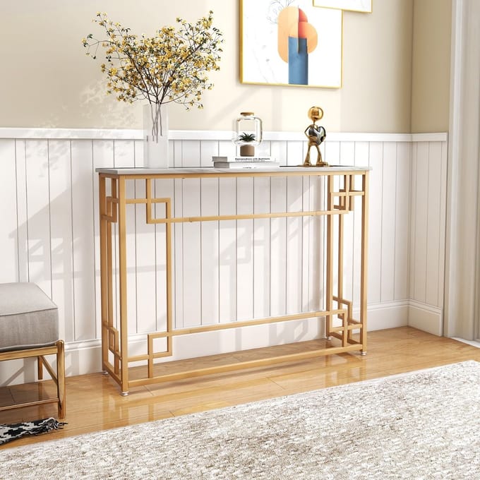 Coast Bijzettafel - Wit Tafelblad met Imitatiemarmer - Gouden Frame - 110 x 30 x 81 cm - MDF/Metaal