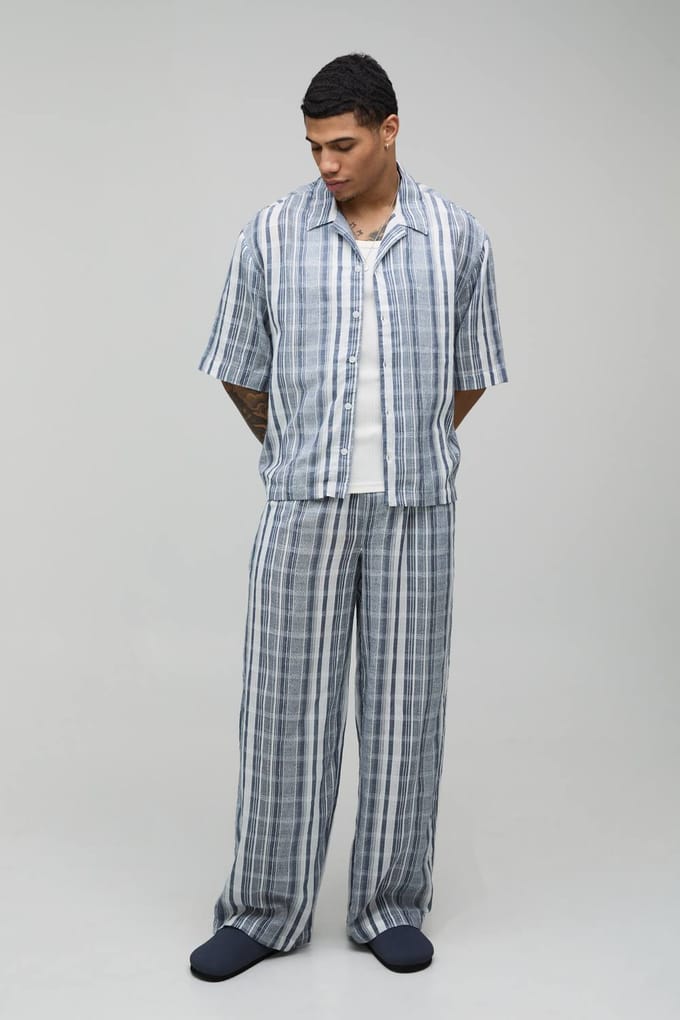 Lichtgewicht Katoenen Gaas Gestreepte Oversized Shirt & Relaxed Broek Set | Navy | Size Medium